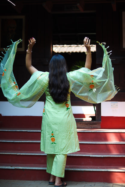 Light green Jaipur cotton kurta set with organza dupatta
