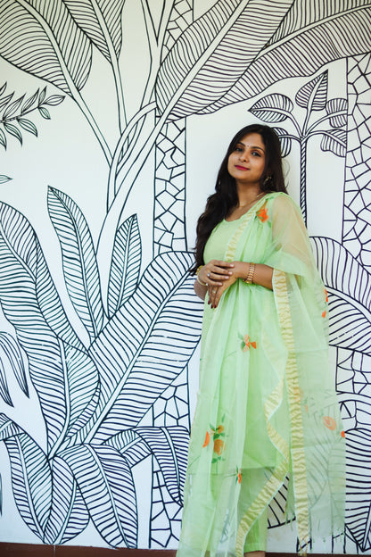 Light green Jaipur cotton kurta set with organza dupatta