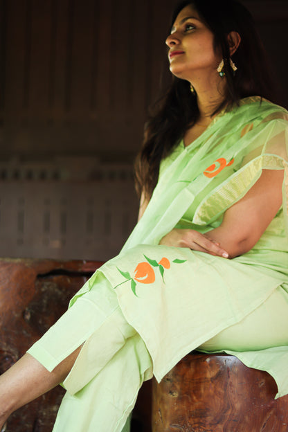 Light green Jaipur cotton kurta set with organza dupatta