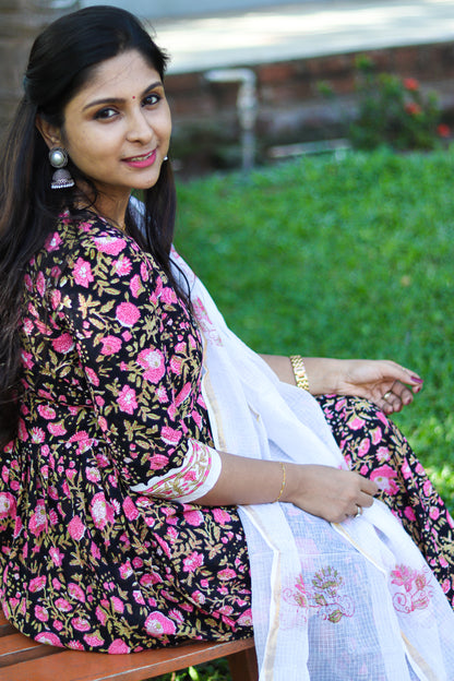Black floral white Jaipur cotton kurta set with Kota doria dupatta