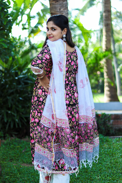 Black floral white Jaipur cotton kurta set with Kota doria dupatta
