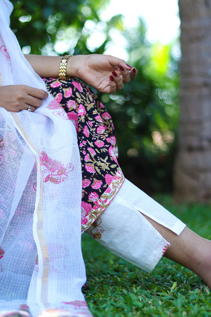 Black floral white Jaipur cotton kurta set with Kota doria dupatta