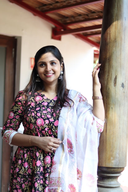 Black floral white Jaipur cotton kurta set with Kota doria dupatta
