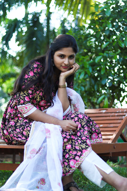 Black floral white Jaipur cotton kurta set with Kota doria dupatta