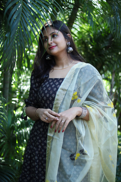Brown & Beige Jaipur cotton kurta set with organza dupatta