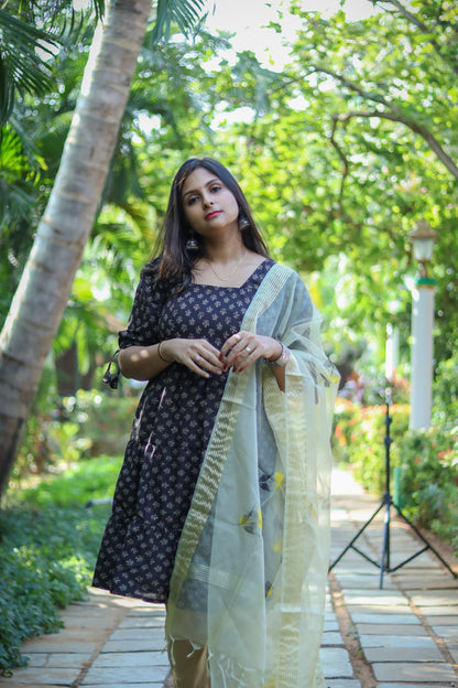 Brown & Beige Jaipur cotton kurta set with organza dupatta
