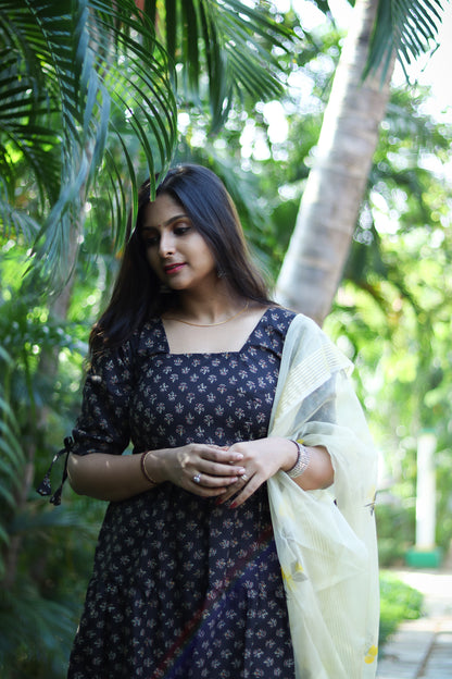 Brown & Beige Jaipur cotton kurta set with organza dupatta