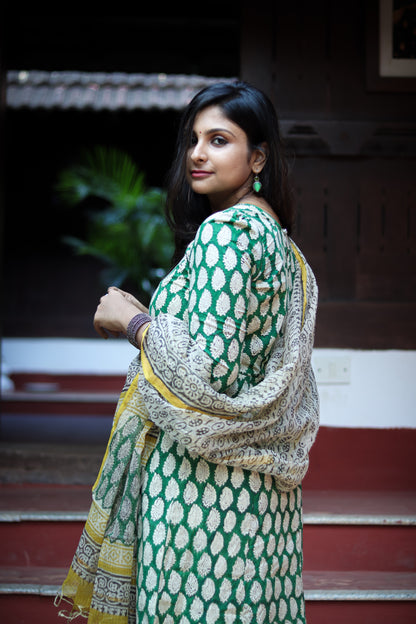 Green yellow Jaipur cotton kurta set with Kota doria dupatta