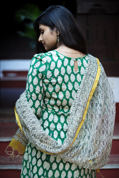 Green yellow Jaipur cotton kurta set with Kota doria dupatta