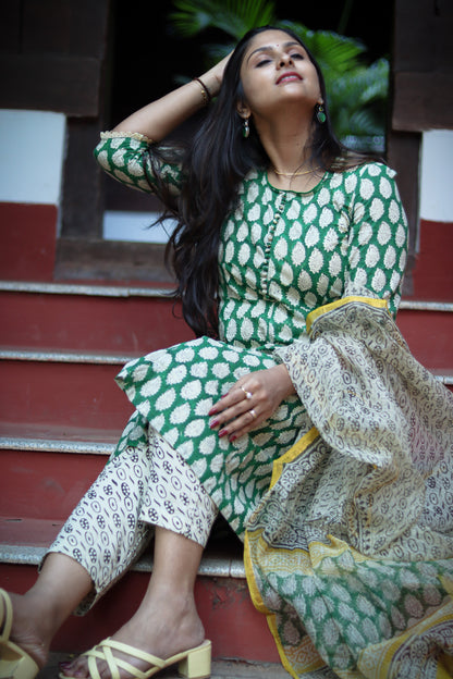 Green yellow Jaipur cotton kurta set with Kota doria dupatta