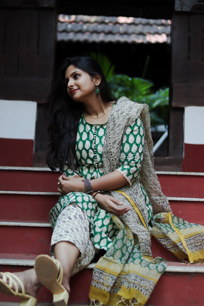 Green yellow Jaipur cotton kurta set with Kota doria dupatta
