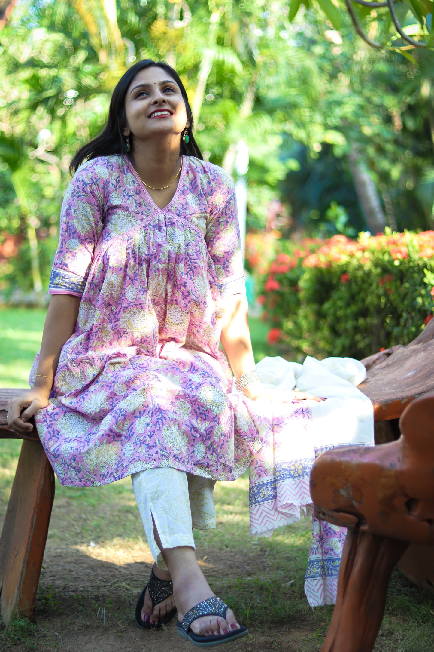 Floral mauve and white Jaipur cotton kurta set