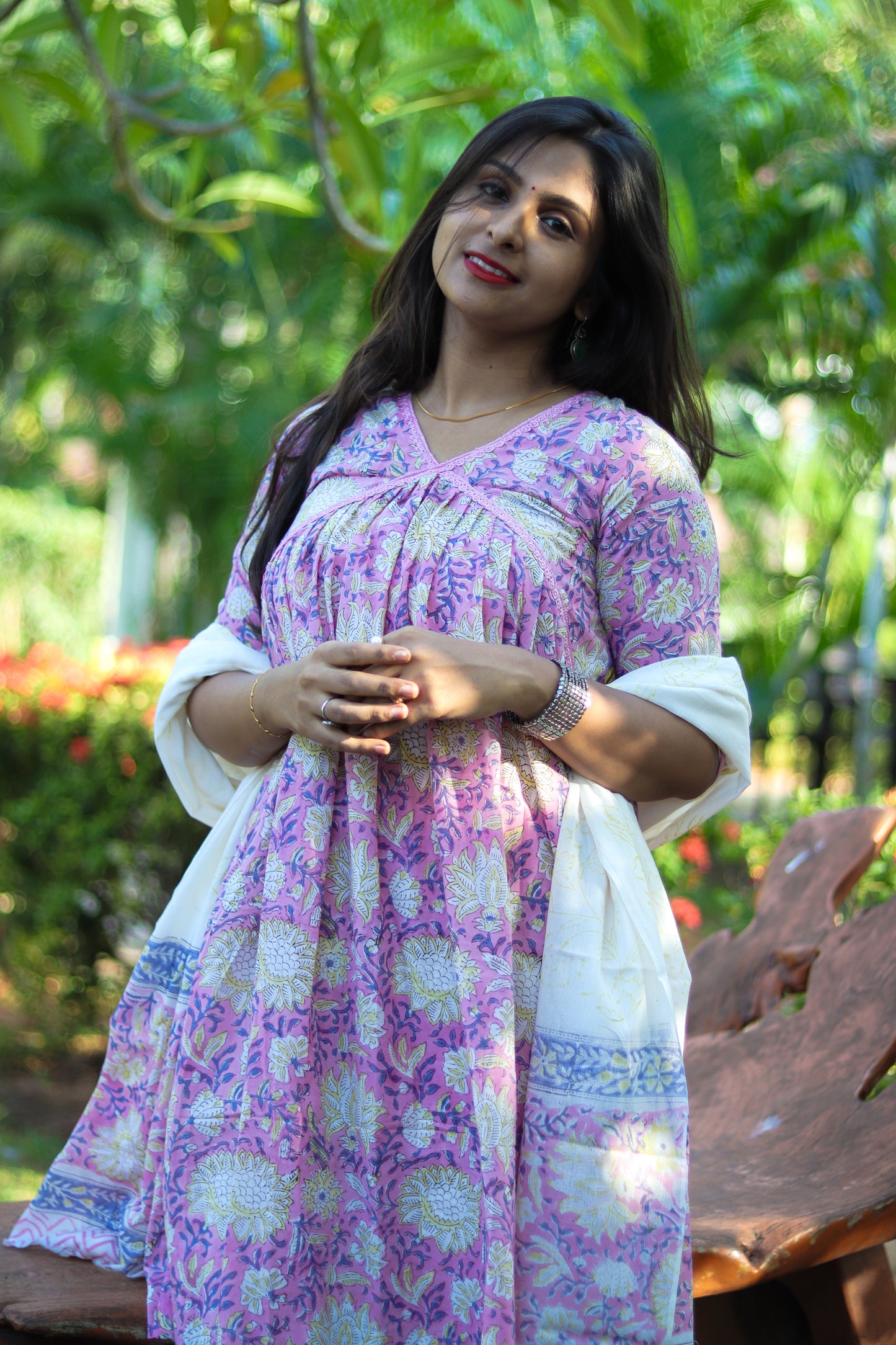 Floral mauve and white Jaipur cotton kurta set