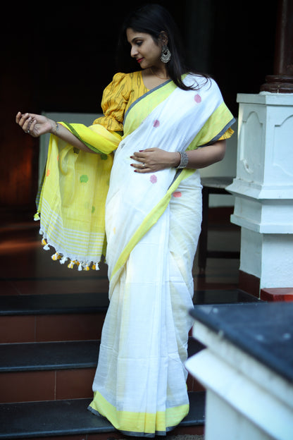 Yellow white dots pure cotton handloom linen saree