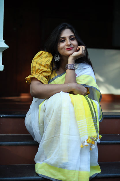 Yellow white dots pure cotton handloom linen saree