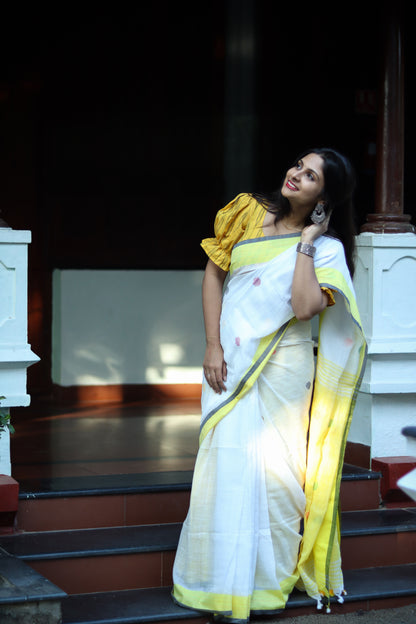 Yellow white dots pure cotton handloom linen saree