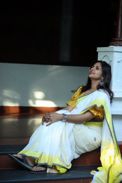 Yellow white dots pure cotton handloom linen saree