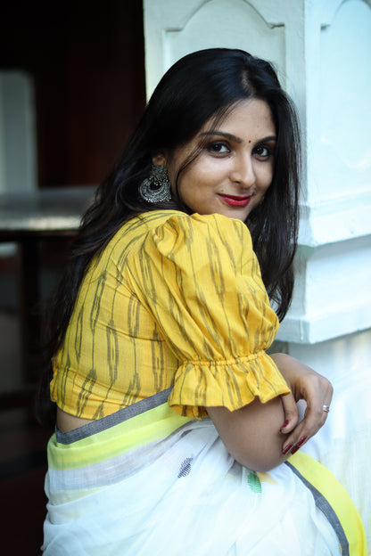 Yellow white dots pure cotton handloom linen saree