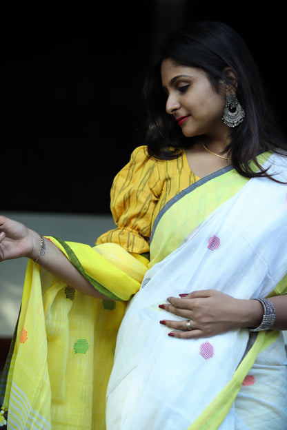 Yellow white dots pure cotton handloom linen saree