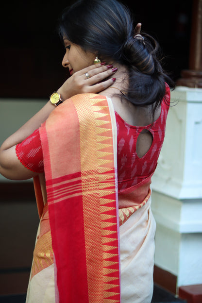 Beige red temple border khadi cotton saree with running blouse