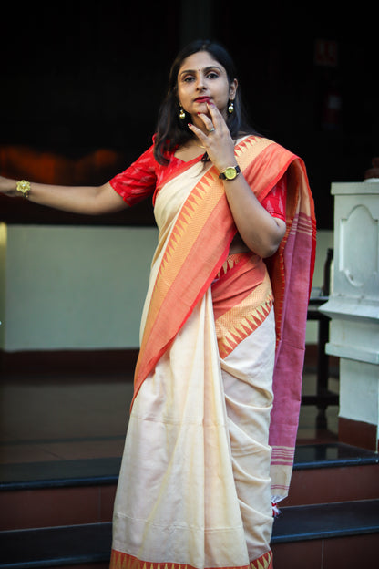 Beige red temple border khadi cotton saree with running blouse