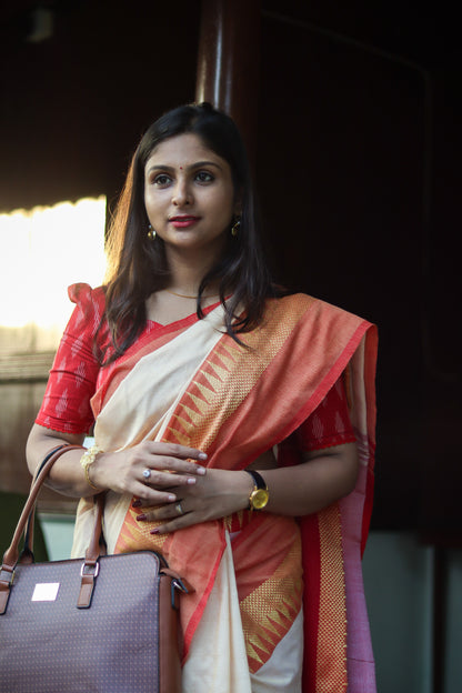 Beige red temple border khadi cotton saree with running blouse