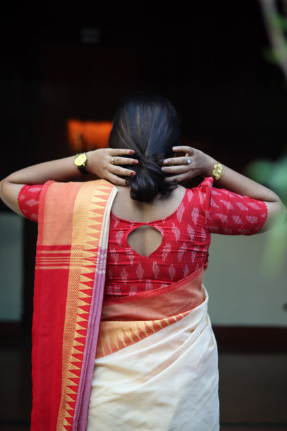 Beige red temple border khadi cotton saree with running blouse
