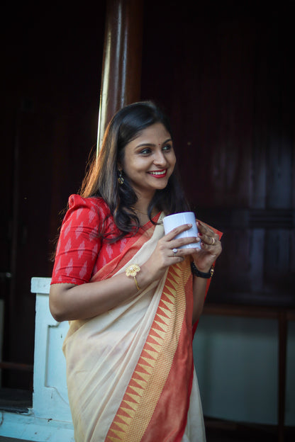 Beige red temple border khadi cotton saree with running blouse