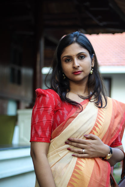 Beige red temple border khadi cotton saree with running blouse