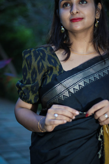 Black honey colour temple border pure cotton handloom linen saree
