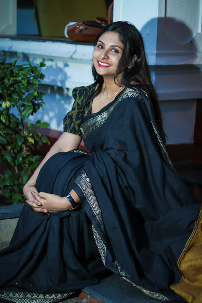 Black honey colour temple border pure cotton handloom linen saree