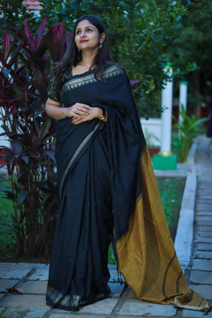 Black honey colour temple border pure cotton handloom linen saree