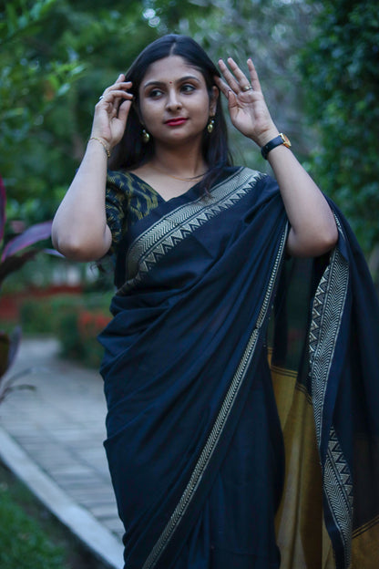 Black honey colour temple border pure cotton handloom linen saree