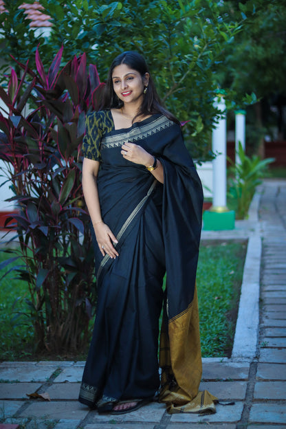Black honey colour temple border pure cotton handloom linen saree