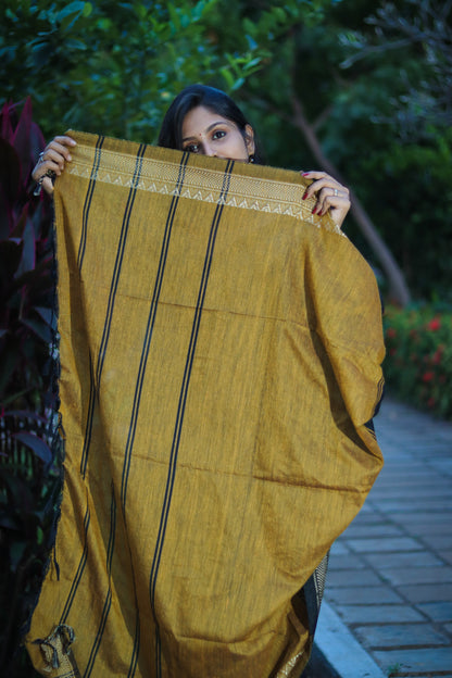 Black honey colour temple border pure cotton handloom linen saree