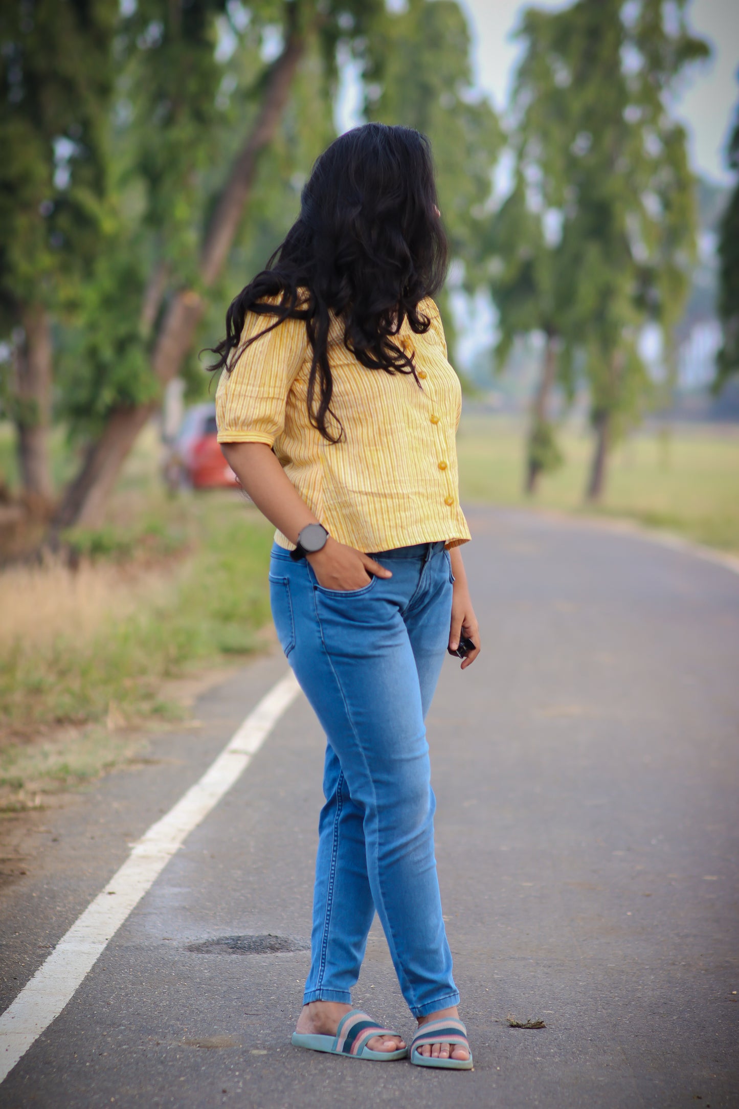 Yellow stripes women cotton top
