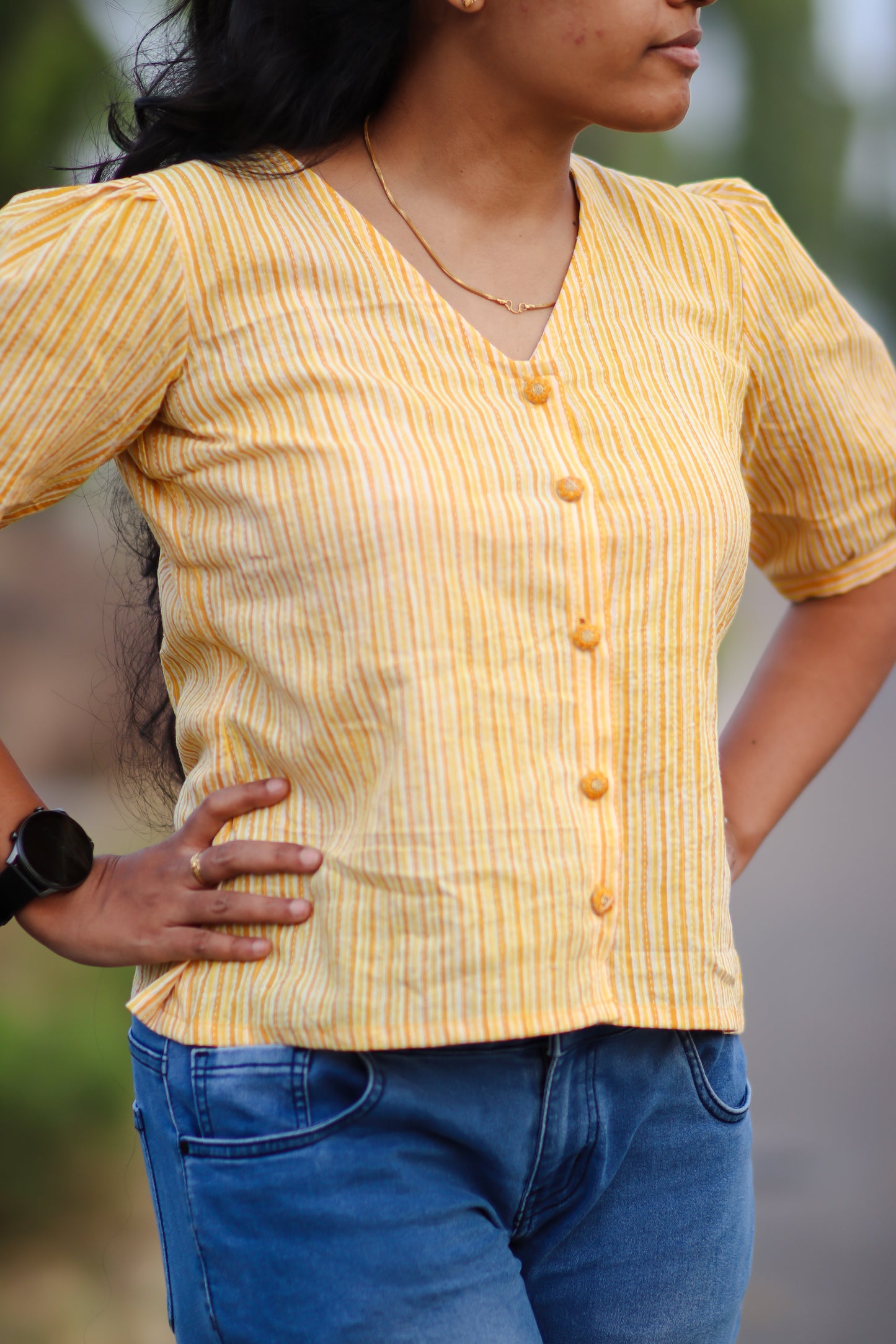 Yellow stripes women cotton top