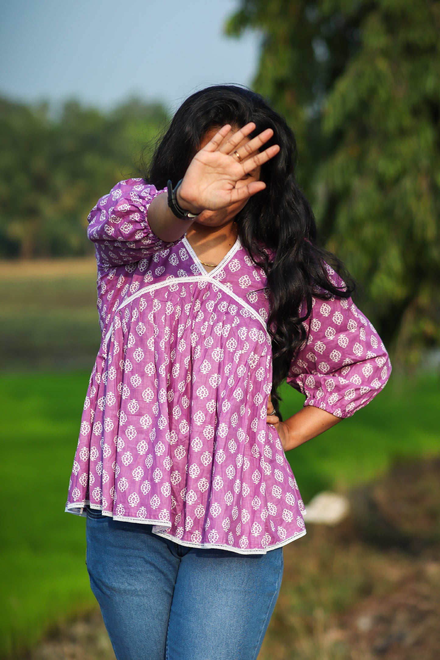 Purple floral cotton women tops