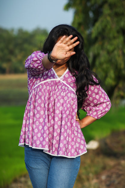 Purple floral cotton women tops