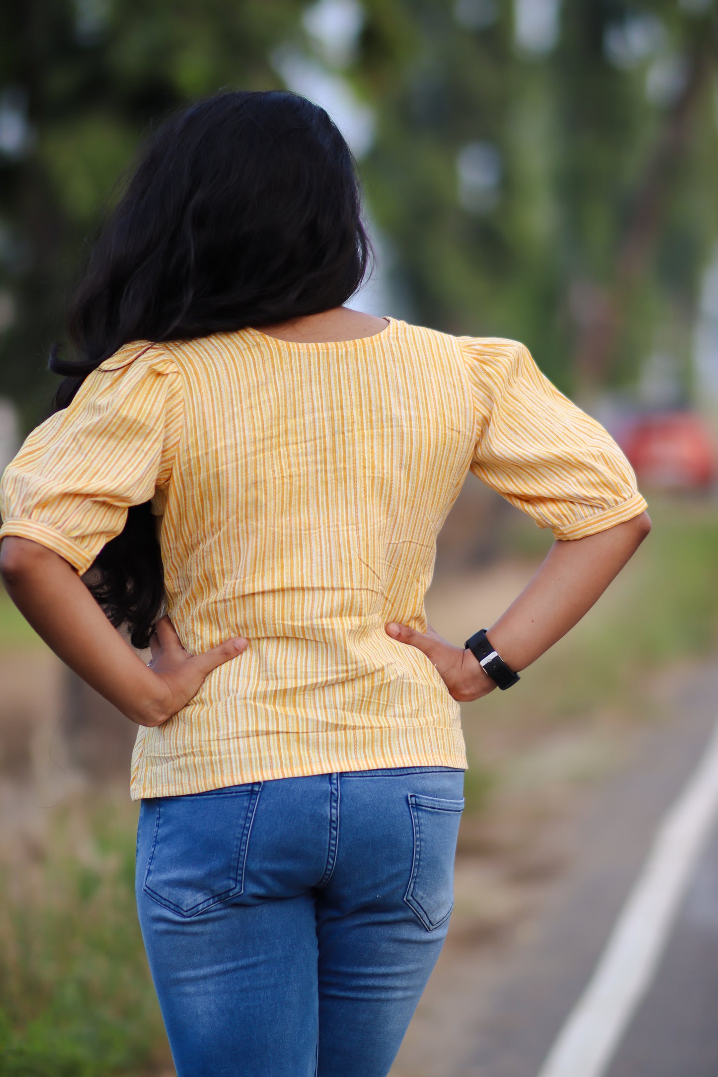 Yellow stripes women cotton top