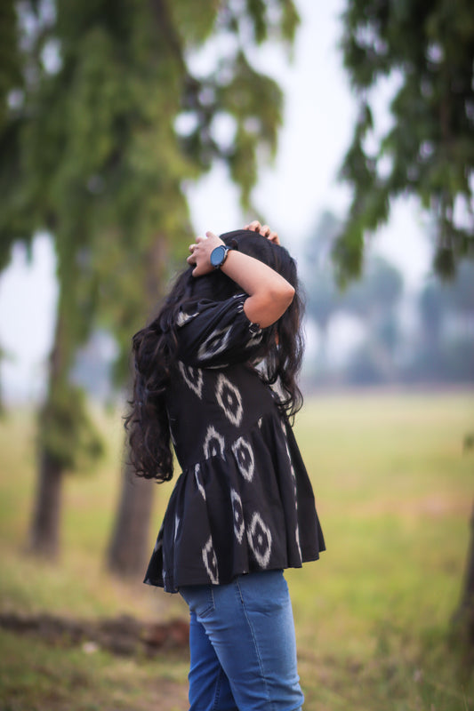 Women Black ikat cotton Alya cut tops