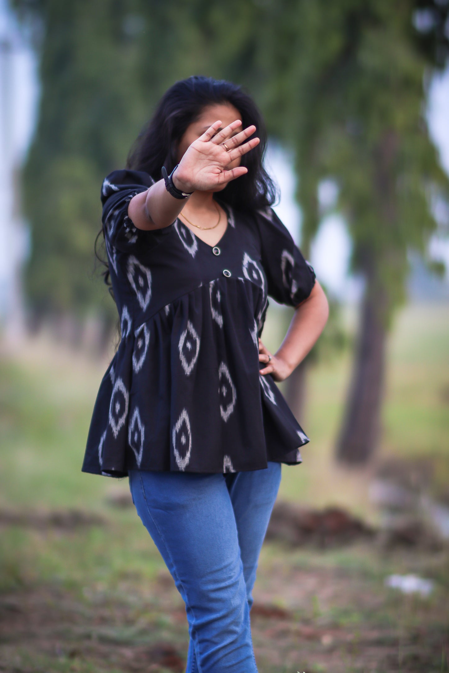 Women Black ikat cotton Alya cut tops