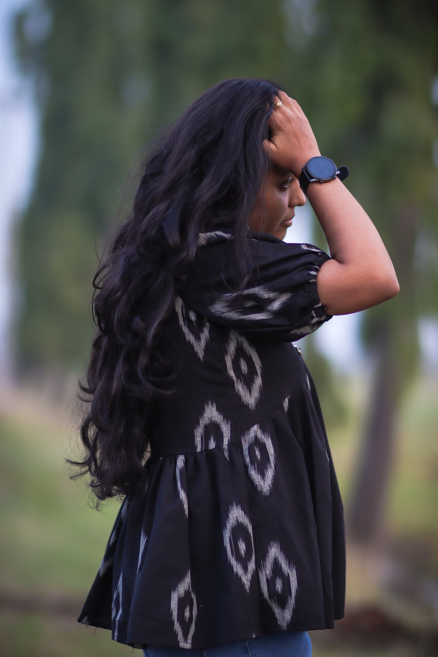 Women Black ikat cotton Alya cut tops