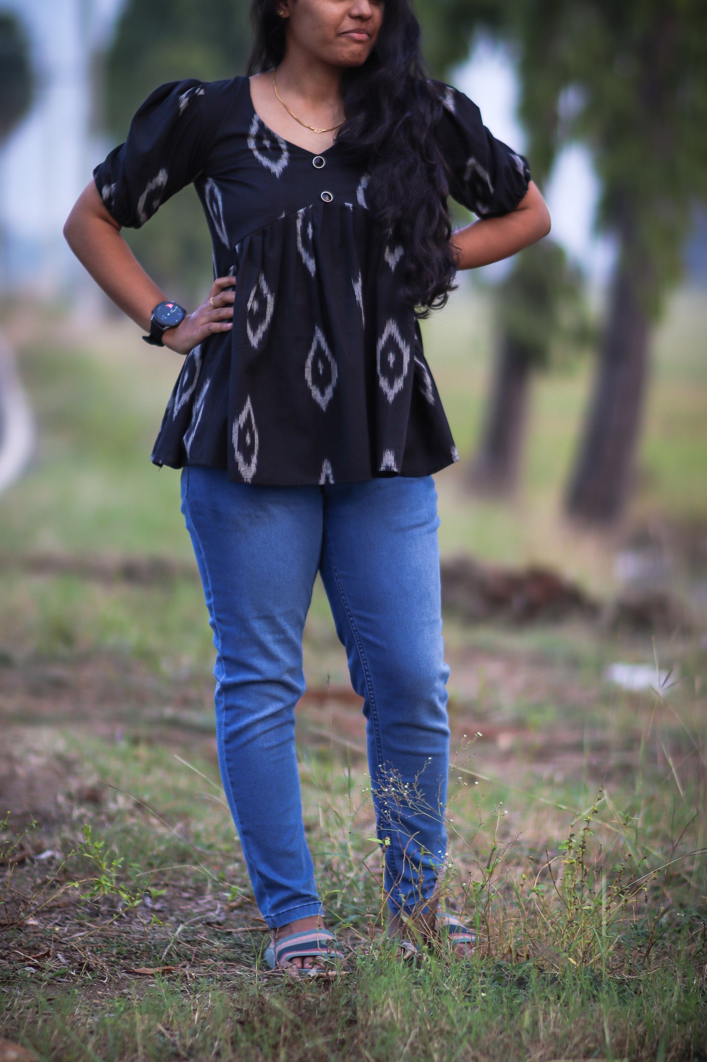 Women Black ikat cotton Alya cut tops