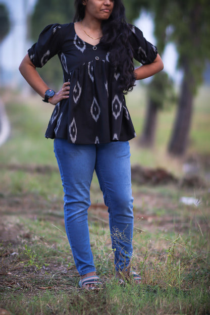 Women Black ikat cotton Alya cut tops
