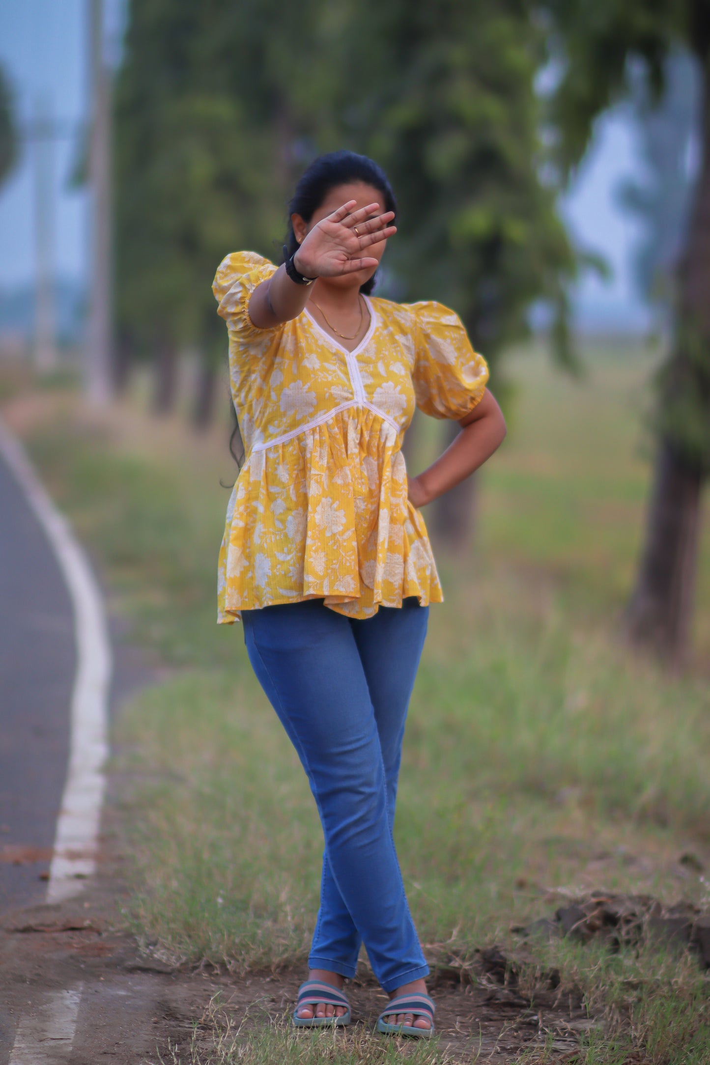 Yellow floral cotton women tops