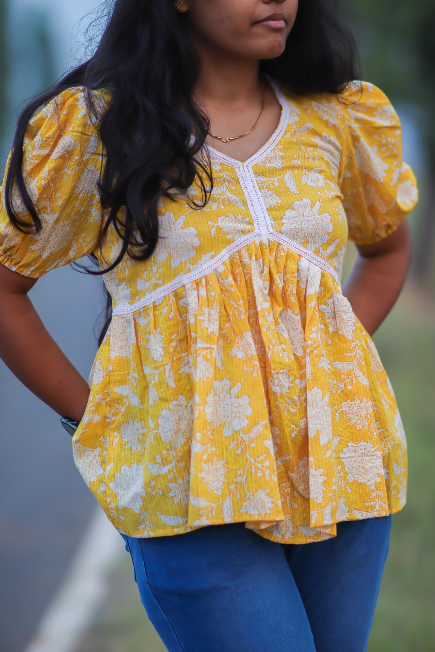 Yellow floral cotton women tops