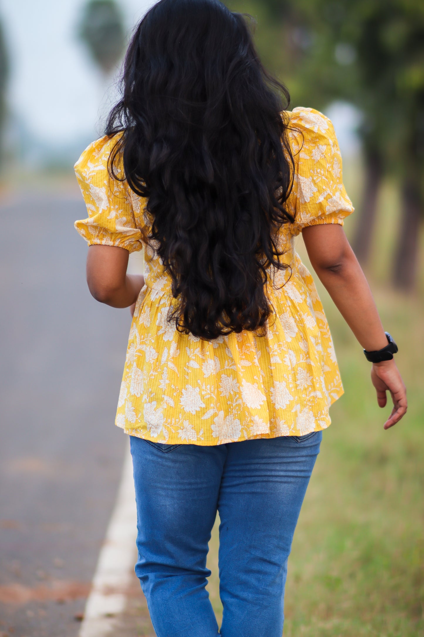 Yellow floral cotton women tops