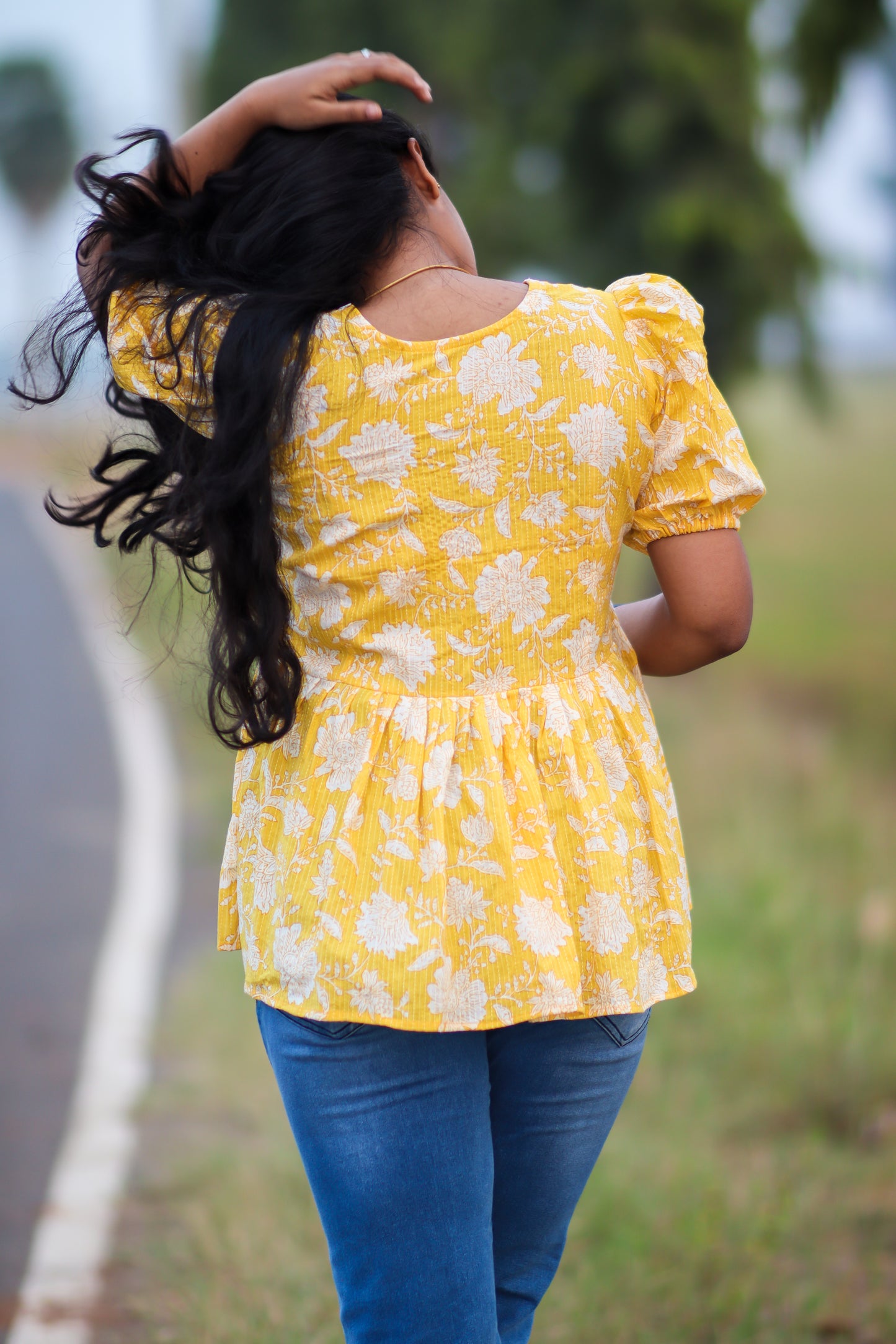 Yellow floral cotton women tops