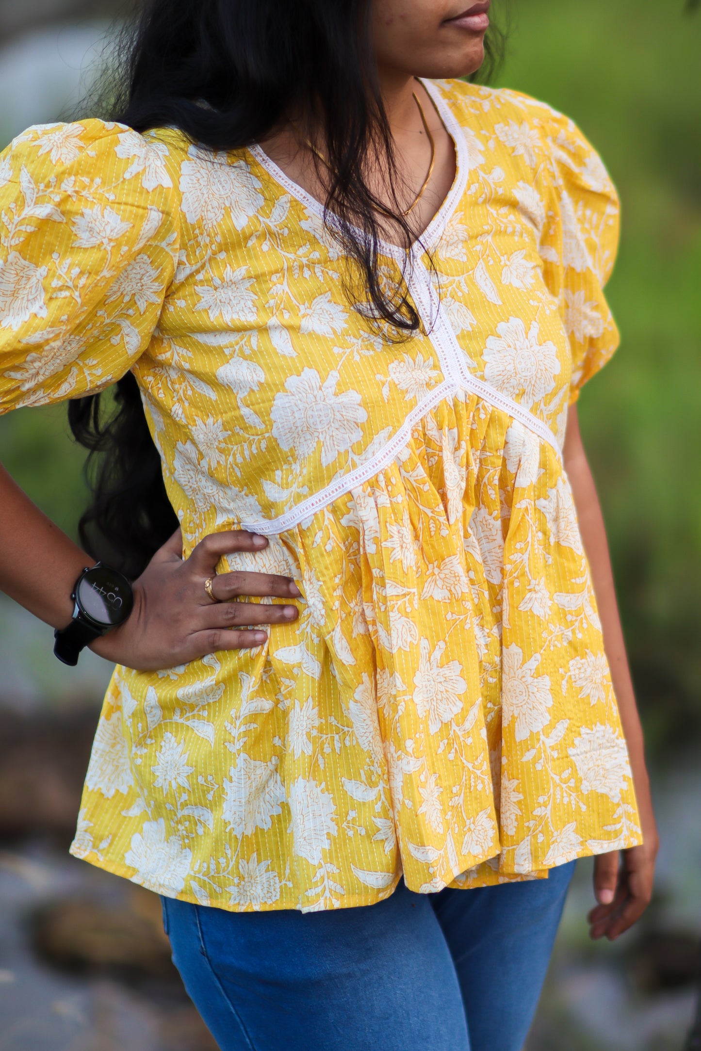 Yellow floral cotton women tops